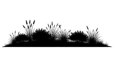 CAD tree lines Black silhouette plants, grass and cattails, vector landscape elements, natural scenery, environmental icons Vector © MstShopna