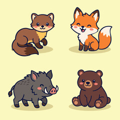 Fototapeta premium Cute Red Fox and Bear Woodland Animal Mascot Vector Set