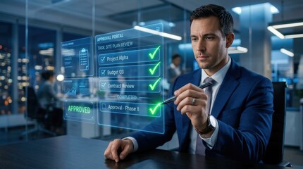 Obraz premium Business professional in navy suit using stylus to approve digital documents