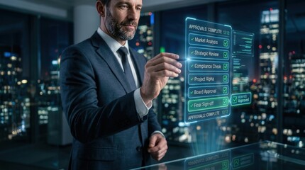 Fototapeta premium Business executive finalizing digital approvals on futuristic checklist in office at night