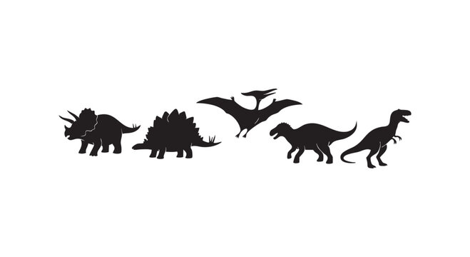 Dinosaur silhouettes including triceratops stegosaurus pterodactyl and tyrannosaurus rex shapes on white background design.