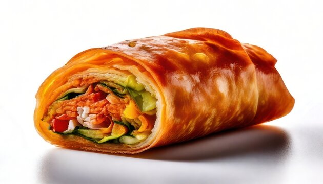 Delicious vegetable spring roll with crispy wrapper on white background.
