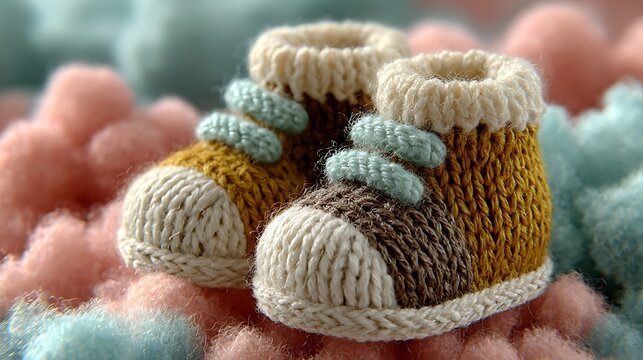 Tiny knit baby booties on cloud bed pastel newborn photography images illustrator