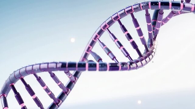 Glowing purple DNA helix rotating in futuristic bright lab with floating particles animation