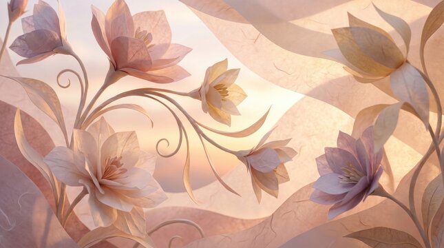 Elegant spring floral background with delicate pink and blue flowers in soft sunlight
