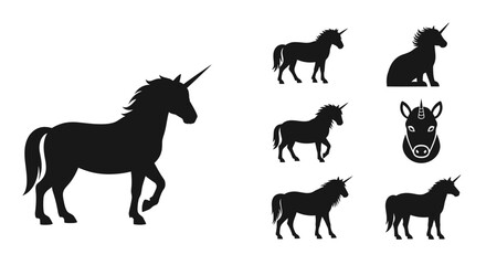 Obraz premium Diverse Collection of Mystical Unicorn Silhouettes Elegant Graphic Elements Capturing the Spirit of Fantasy, Magic, and Legendary Creatures in Various Poses for Creative Design Projects