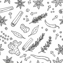 Fototapeta premium Seamless pattern with hand drawn aromatic spices and herbs.