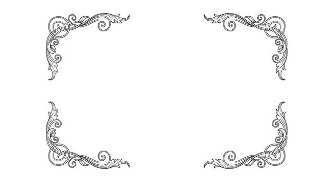 Set of four intricate black and white vintage corner borders featuring elaborate scrolls and floral motifs for framing.