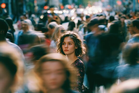 Young woman standing still in a blurred city crowd, urban solitude, pensive mood