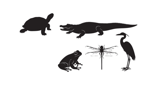 Diverse set of reptile amphibian and insect silhouettes including alligator turtle frog dragonfly heron vector.