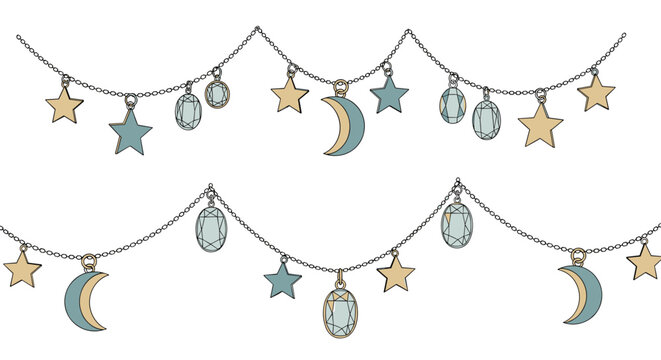 Beautiful jewelry style garland featuring silver chains with hanging stars, moons, and light blue gemstones on a white background.