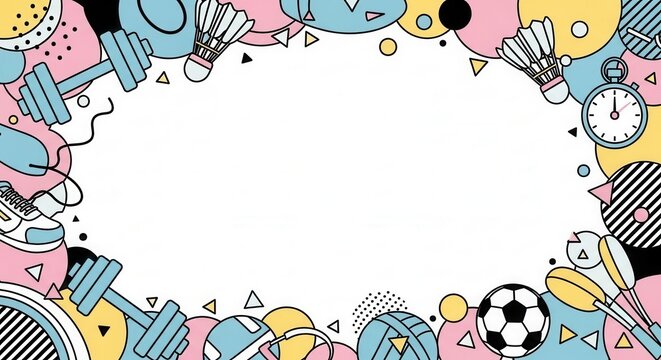 Memphis style sports border with colorful doodle fitness equipment and workout icons design.