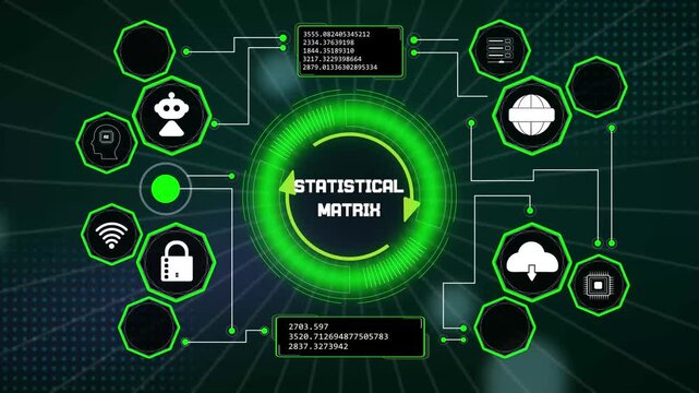 Innovative statistical matrix interface showcasing localized computing nodes and automated infrastructure paths