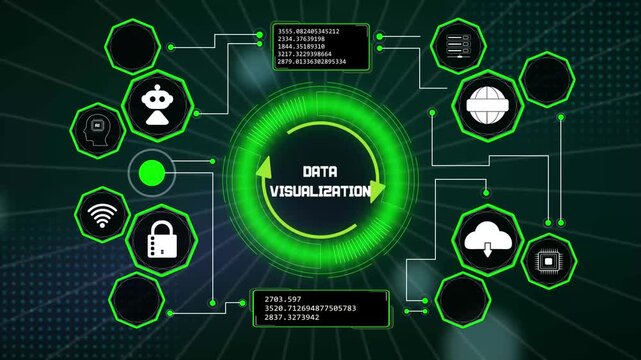 Advanced data visualization network platform displaying synchronized metric graphs and automated computer networks