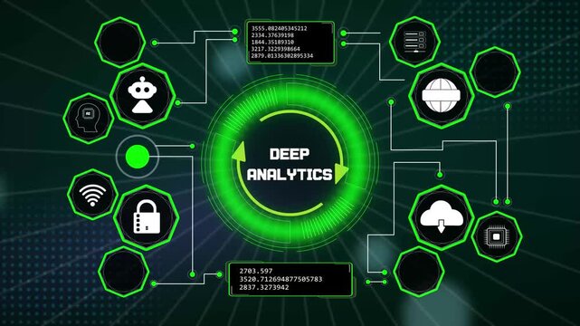 Cybersecurity interface design showcasing integrated deep analytics core with high tech glowing virtual screen loops