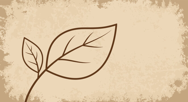 Simple line art drawing of two leaves on a single stem set against a textured aged paper background for a vintage look.