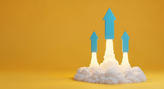 Three blue arrows rocket launching upward on yellow background representing business startup growth and success with business progress development innovation improvement performance leadership