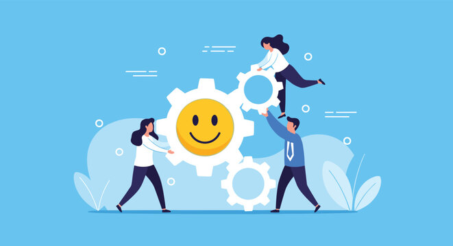 Cooperative team working together to align gears with a happy smiley face symbol representing customer satisfaction.