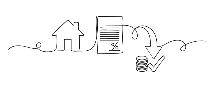 Continuous line art vector illustration of a house, interest percent document and arrow pointing down to coins representing a mortgage refinancing concept for financial savings