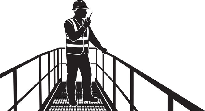 Construction Site Supervisor Silhouette Standing on Elevated Walkway Conducting Inspection and Safety Monitoring Duties
