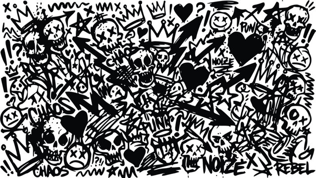 chaotic vector illustration of skulls, hearts, crowns, and graffiti-style text elements with punk influences