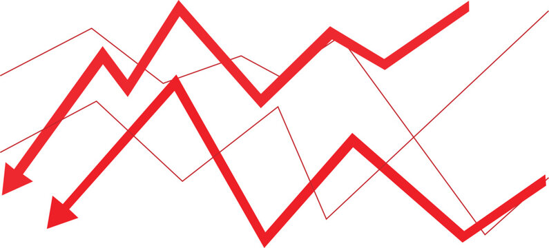 Red line graph with downward and upward trends and arrows on white background  business and finance concept