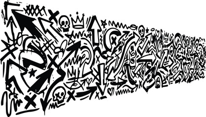 Fototapeta premium Abstract vector illustration featuring a chaotic and dynamic composition of black graffiti arrows, skulls, and crowns
