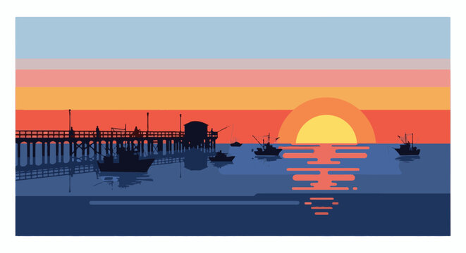 Fishing boats gather at the pier during a vibrant sunset over the ocean