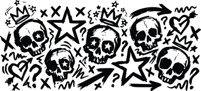 Collection of bold black and white vector skull illustrations with stars, crowns, question marks, and arrows