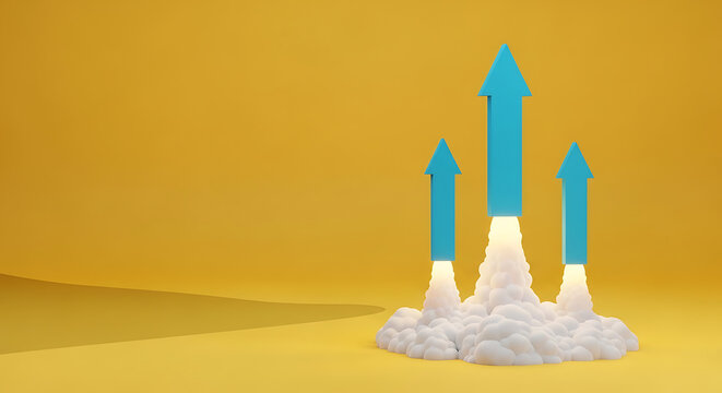 Three rockets launching upwards with white smoke against a yellow background start up business progress development innovation start-up aspiration explosion speedometer