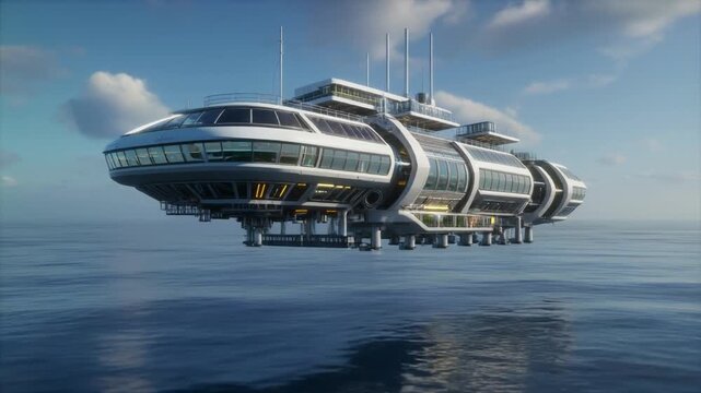 Futuristic floating luxury vessel gliding smoothly above the calm ocean surface in this cinematic motion video