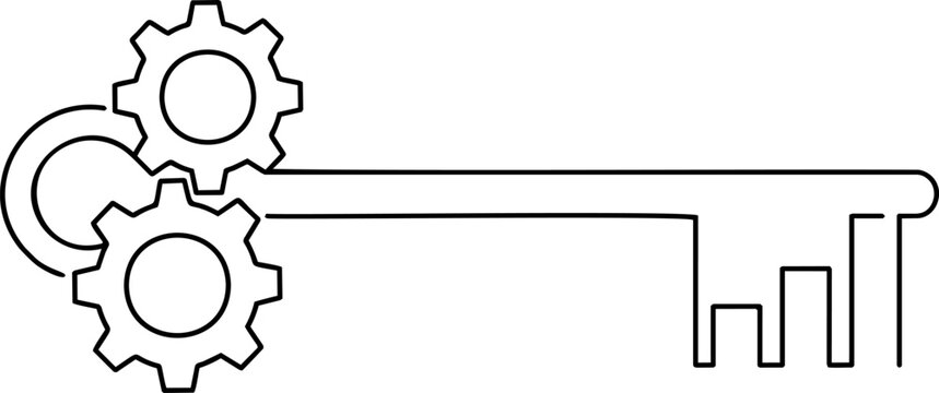 Black and white continuous line art of a business key with gears and rising chart, hollow vector illustration.