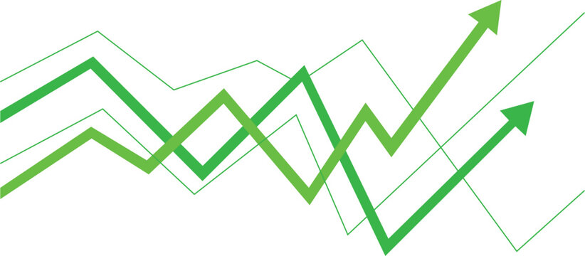 Green line graph with arrows pointing upwards showing growth and increase trend on white background  business and finance concept