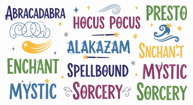 Whimsical, colorful text spells and magical elements fill the white background