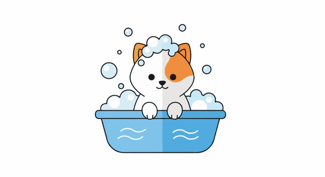 Cute cat taking a bubble bath in a blue tub