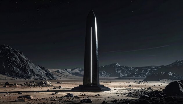 Sleek black obelisk structure on desolate landscape emitting faint light, a mysterious ancient alien artifact.