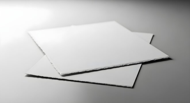 Two blank square paper sheets with deckle edges stacked on a grey surface, highquality mockup for stationery and artistic design