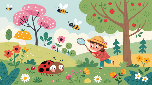 Cute little girl exploring nature with a magnifying glass in a colorful forest with a giant ladybug, bees, and apple tree, vector illustration