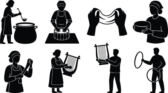 People performing traditional musical instruments and activities