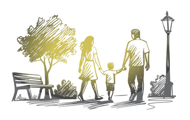 Fototapeta premium Mother, Father and Young Child Walking Hand in Hand Through a Park, Enjoying a Moment of Togetherness Past a Shade Tree and Traditional Street Light