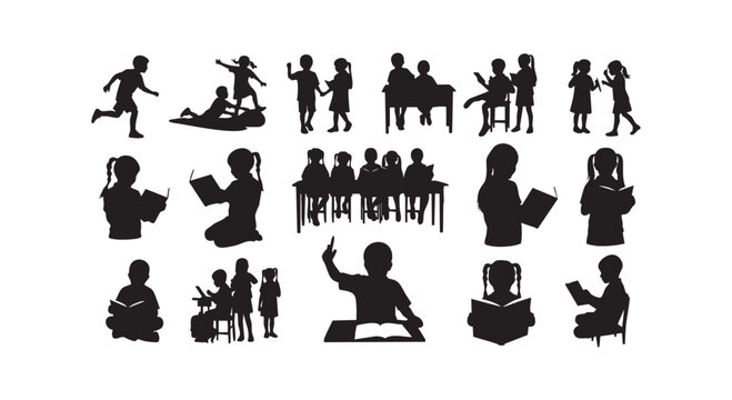Education and school children silhouettes showing kids reading books and studying in classroom for academic learning theme.