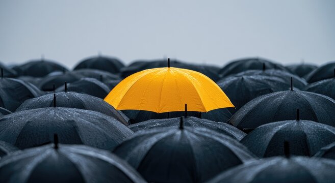 A single yellow umbrella stands out among a sea of black umbrellas in the rain