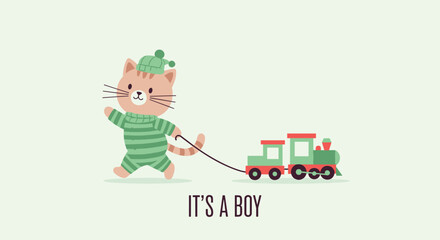 Fototapeta premium Adorable baby shower card design featuring a cute cat in green striped pajamas pulling a toy train with the text its a boy.
