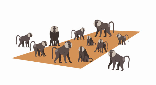 A group of stylized baboons on a flat brown surface