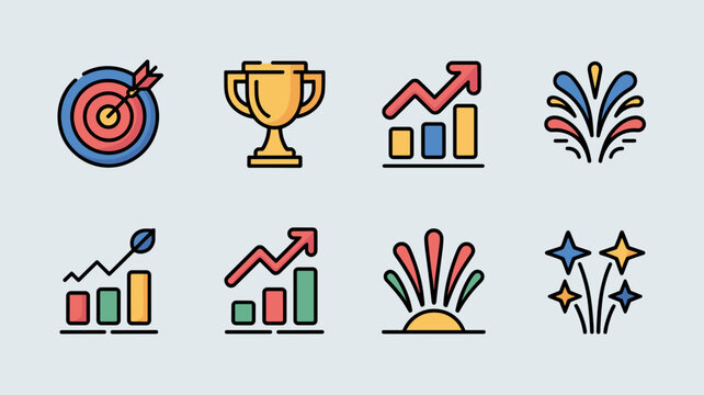 Flat target hit and sales success icons &ndash; Suitable for gamified sales software, digital marketing campaign reports, or team goals.