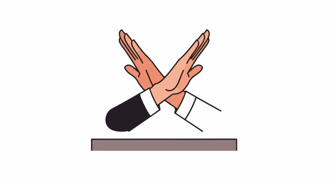 Stylized illustration of two hands crossing in an 'X' shape, symbolizing stop or refusal