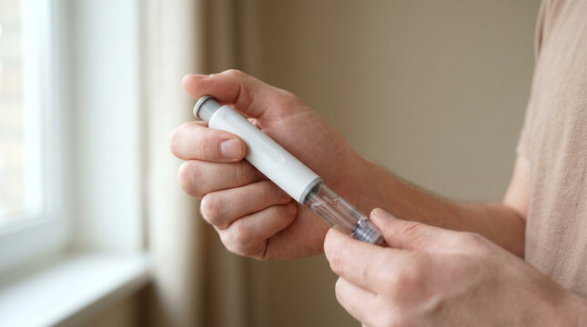 Close up of man holding medical insulin injection pen with cartridge