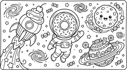 Sweet space dessert adventure doodle vector elements, hand drawn cosmic sweets with stars, galaxies and lollipops outline clip art, minimalist black and white design. © Akhi Ayra