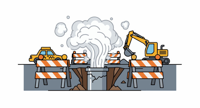Excavator and taxi at a broken pipe with steam escaping