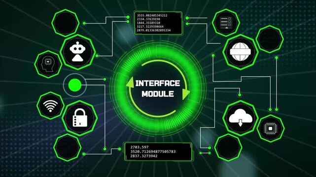 Sleek hardware expansion view tracking interface module components inside a high tech electronic vector template